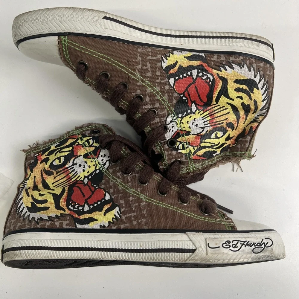 Ed Hardy Shoes Womens Size 7 Brown Tiger Canvas High Top Sneakers 18FHR107W